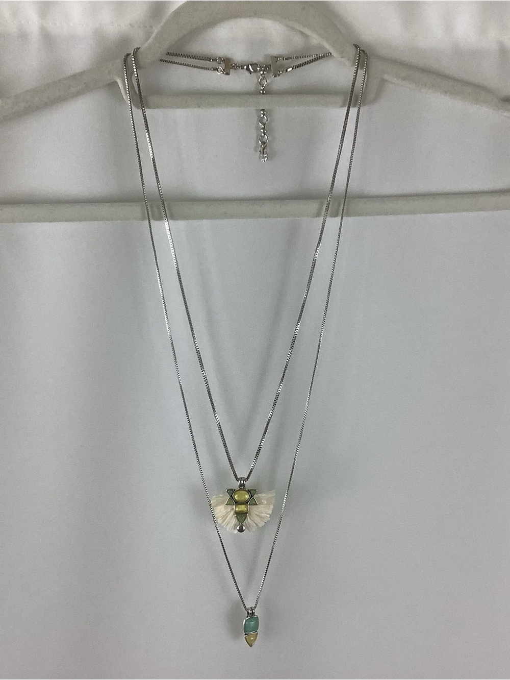 Lucky Brand Layered Necklace with 2 Pendants Raffia Detail with Stone Accent